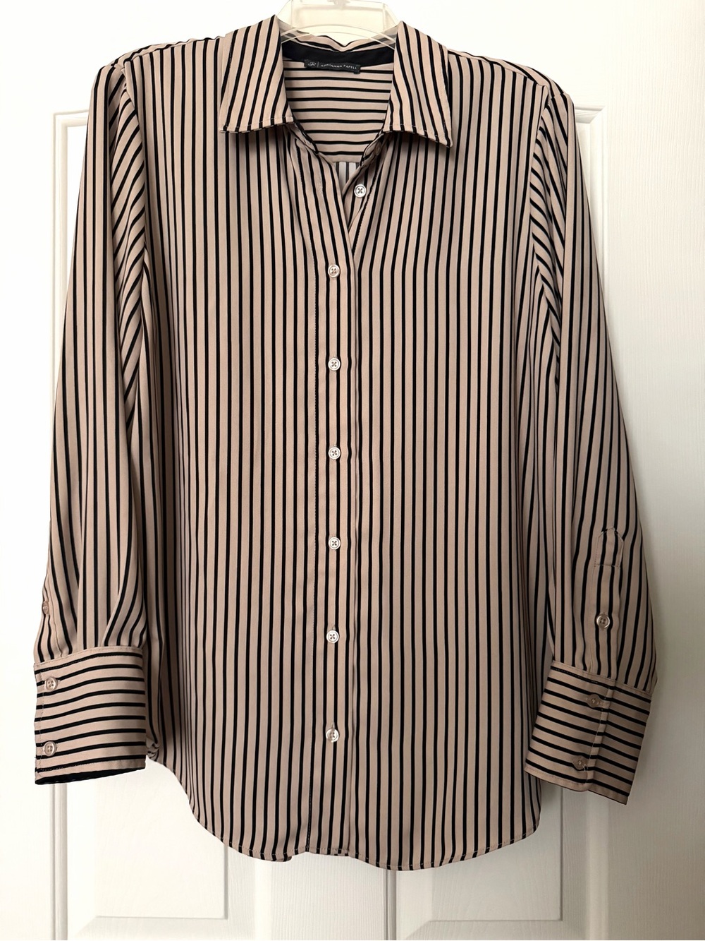 Adrianna Papell Beige/Black Stripe Button-Up Shirt